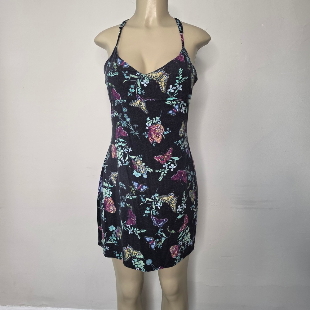 Victoria's Secret Nightgown Women L Black Butterfly Lace Back Chemise Slip Dress